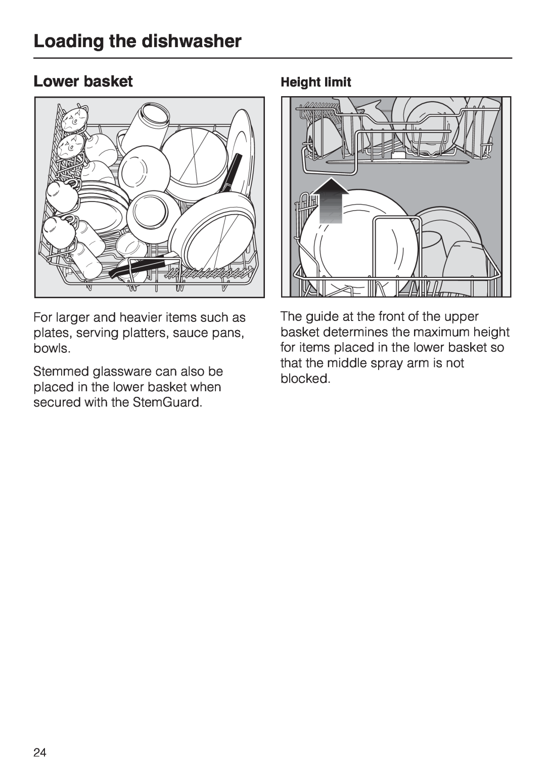 Miele HG01 operating instructions Lower basket, Height limit, Loading the dishwasher 