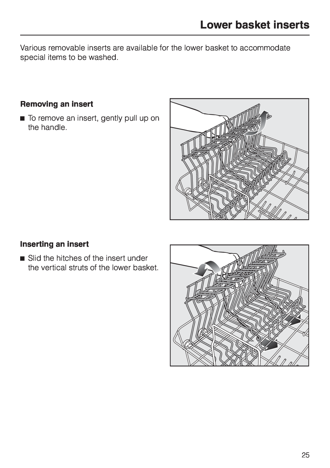 Miele HG01 operating instructions Lower basket inserts, Removing an insert, Inserting an insert 