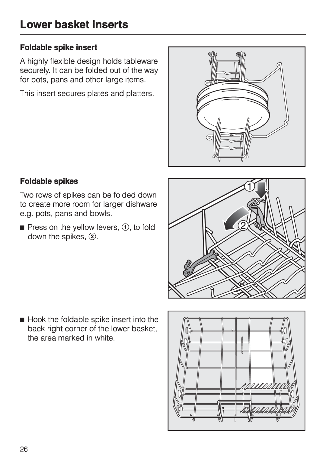 Miele HG01 operating instructions Foldable spike insert, Foldable spikes, Lower basket inserts 