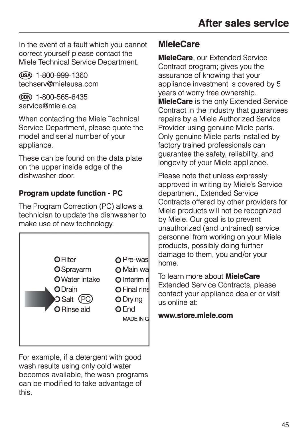 Miele HG01 operating instructions After sales service, MieleCare, Program update function - PC 