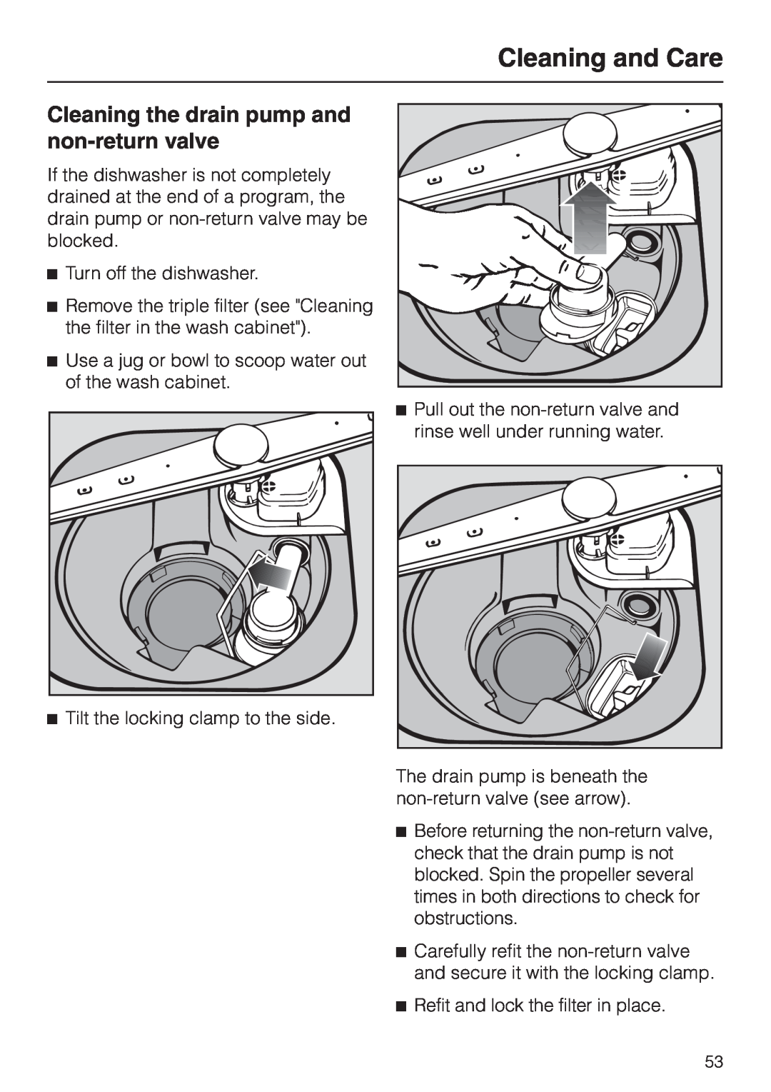 Miele HG01 operating instructions Cleaning the drain pump and non-returnvalve, Cleaning and Care 