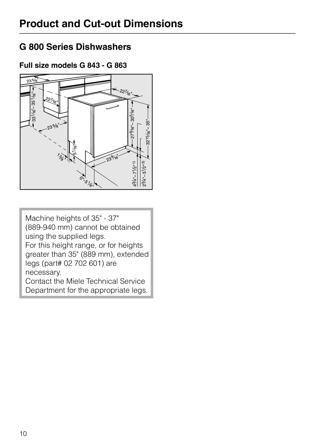 Miele HG01 installation instructions G 800 Series Dishwashers, Full size models G 843 - G, Product and Cut-outDimensions 