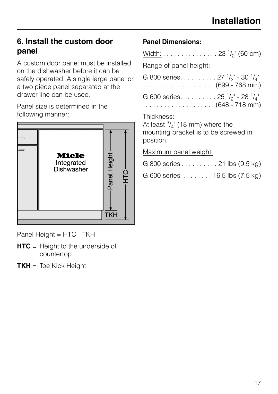 Miele HG01 installation instructions Install the custom door panel, Panel Dimensions, Installation 
