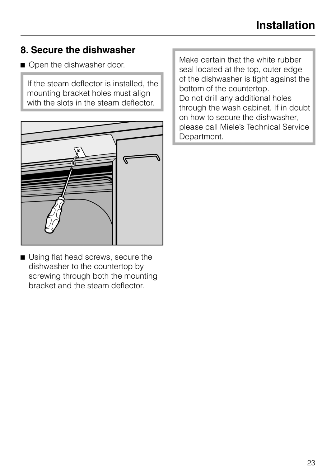 Miele HG01 installation instructions Secure the dishwasher, Installation 