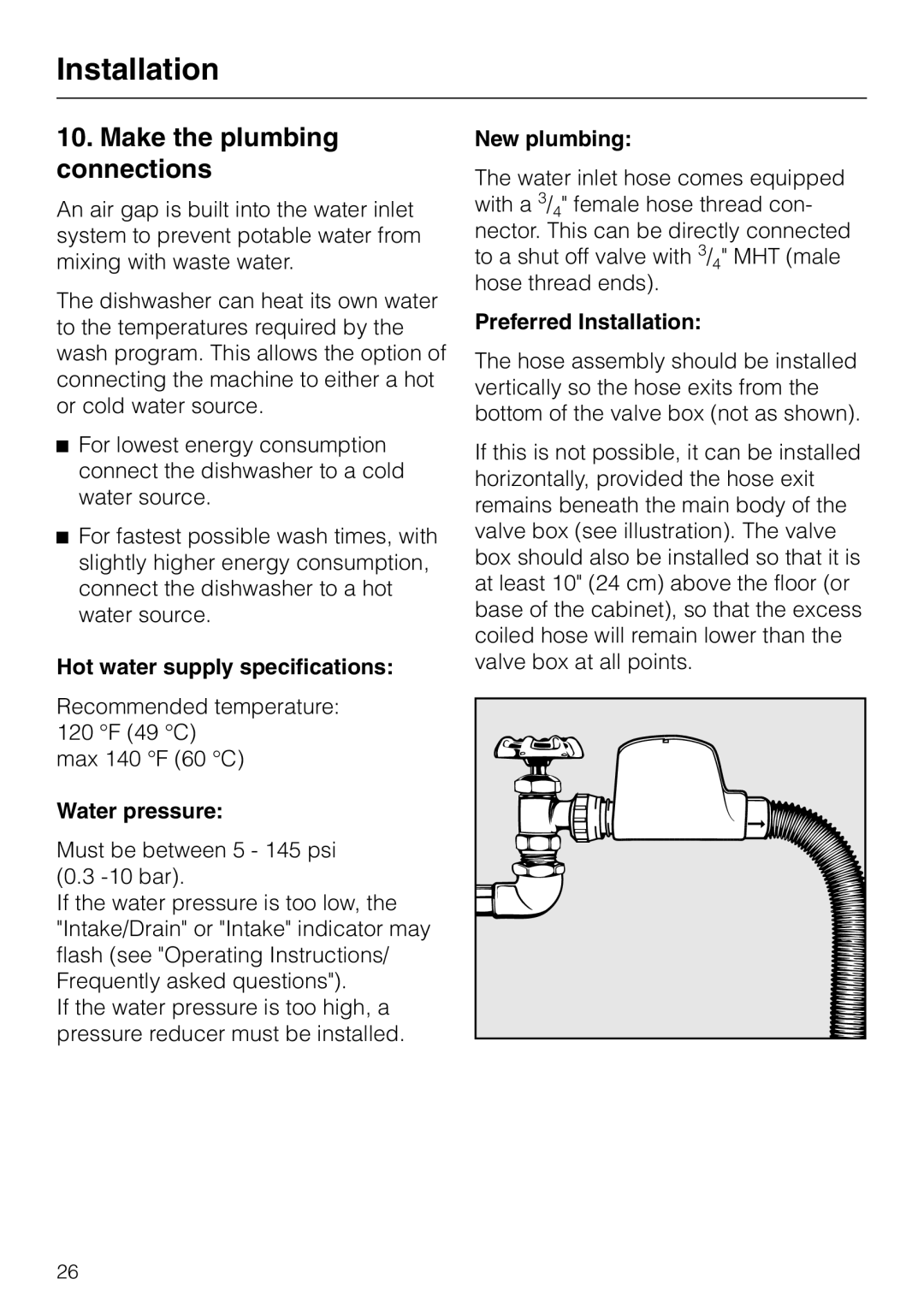 Miele HG01 Make the plumbing connections, Hot water supply specifications, Water pressure, New plumbing, Installation 