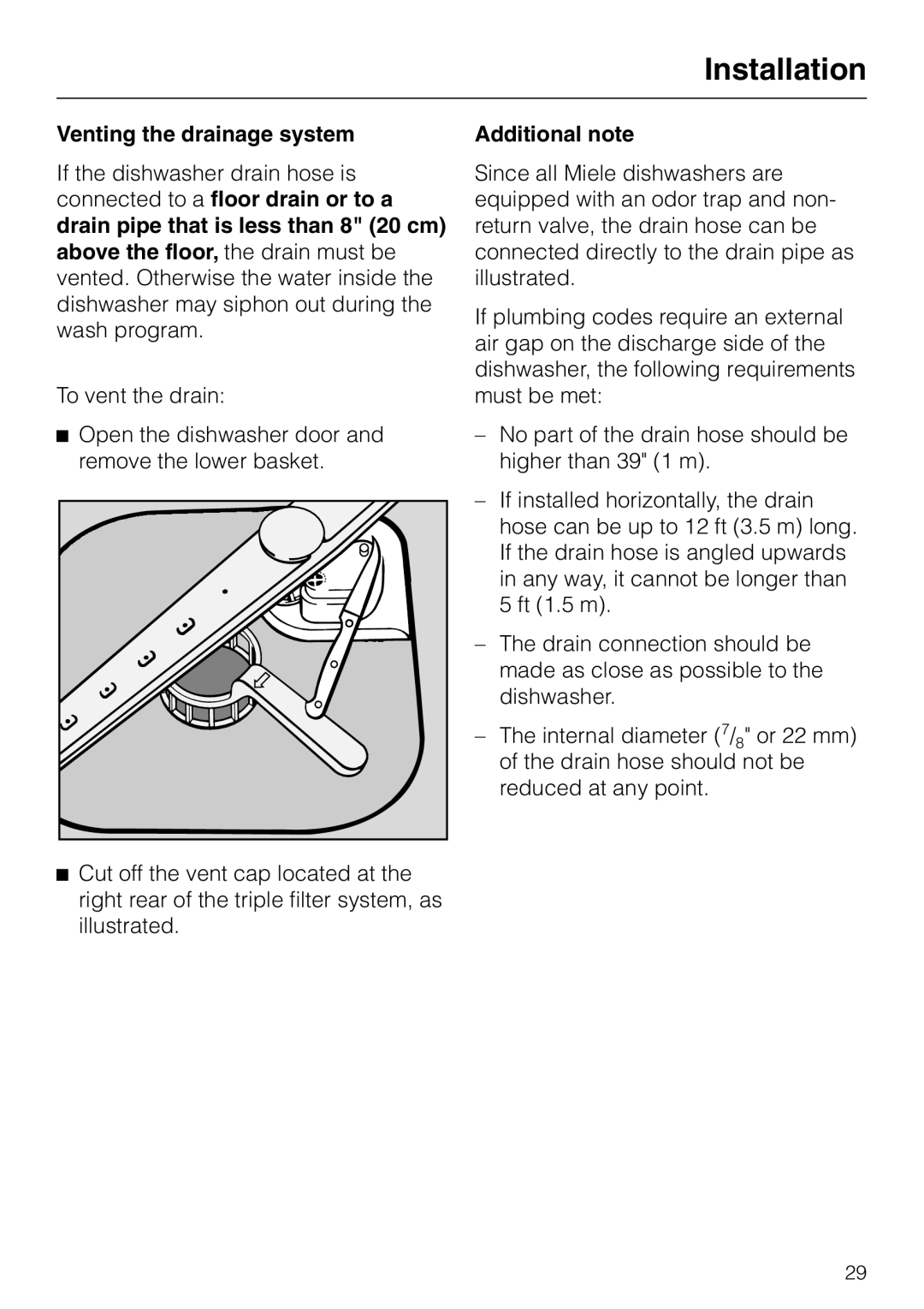 Miele HG01 installation instructions Venting the drainage system, Additional note, Installation 