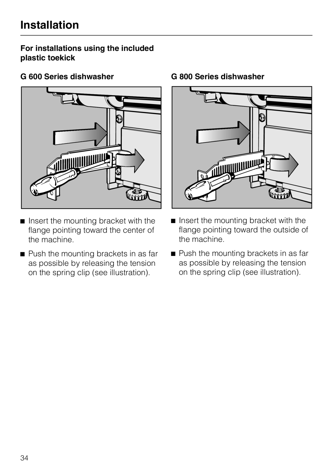 Miele HG01 installation instructions G 600 Series dishwasher, G 800 Series dishwasher, Installation 