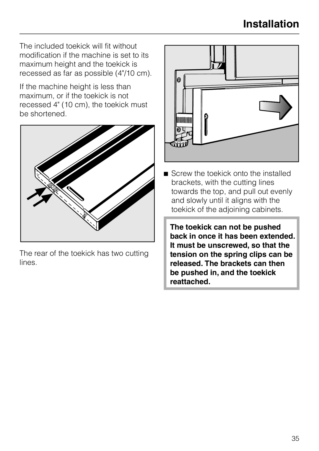 Miele HG01 installation instructions Installation, The rear of the toekick has two cutting lines 