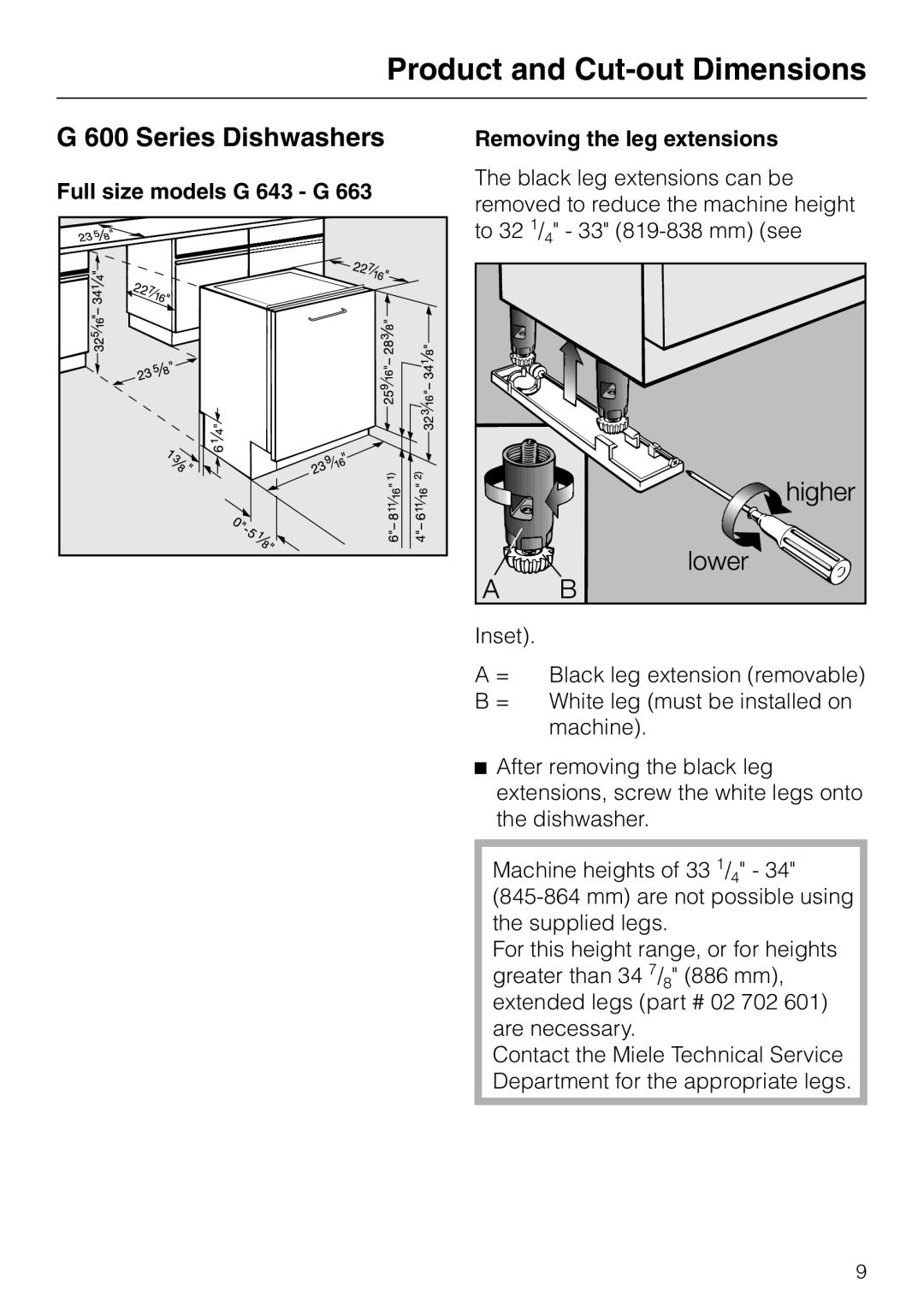 Miele HG01 installation instructions Product and Cut-outDimensions, G 600 Series Dishwashers, Full size models G 643 - G 