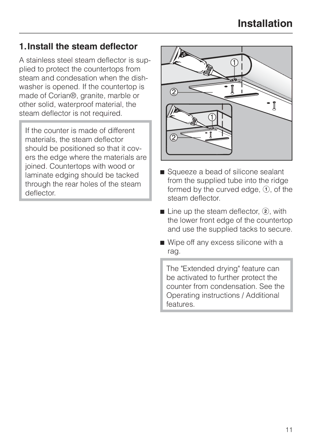 Miele HG02 installation instructions Installation, Install the steam deflector 