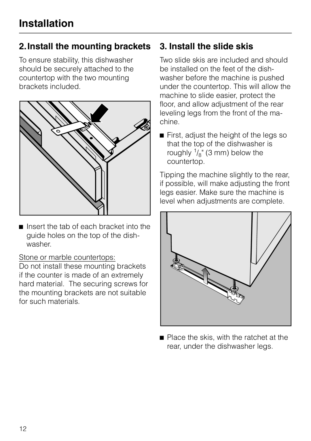 Miele HG02 installation instructions Install the mounting brackets, Install the slide skis 