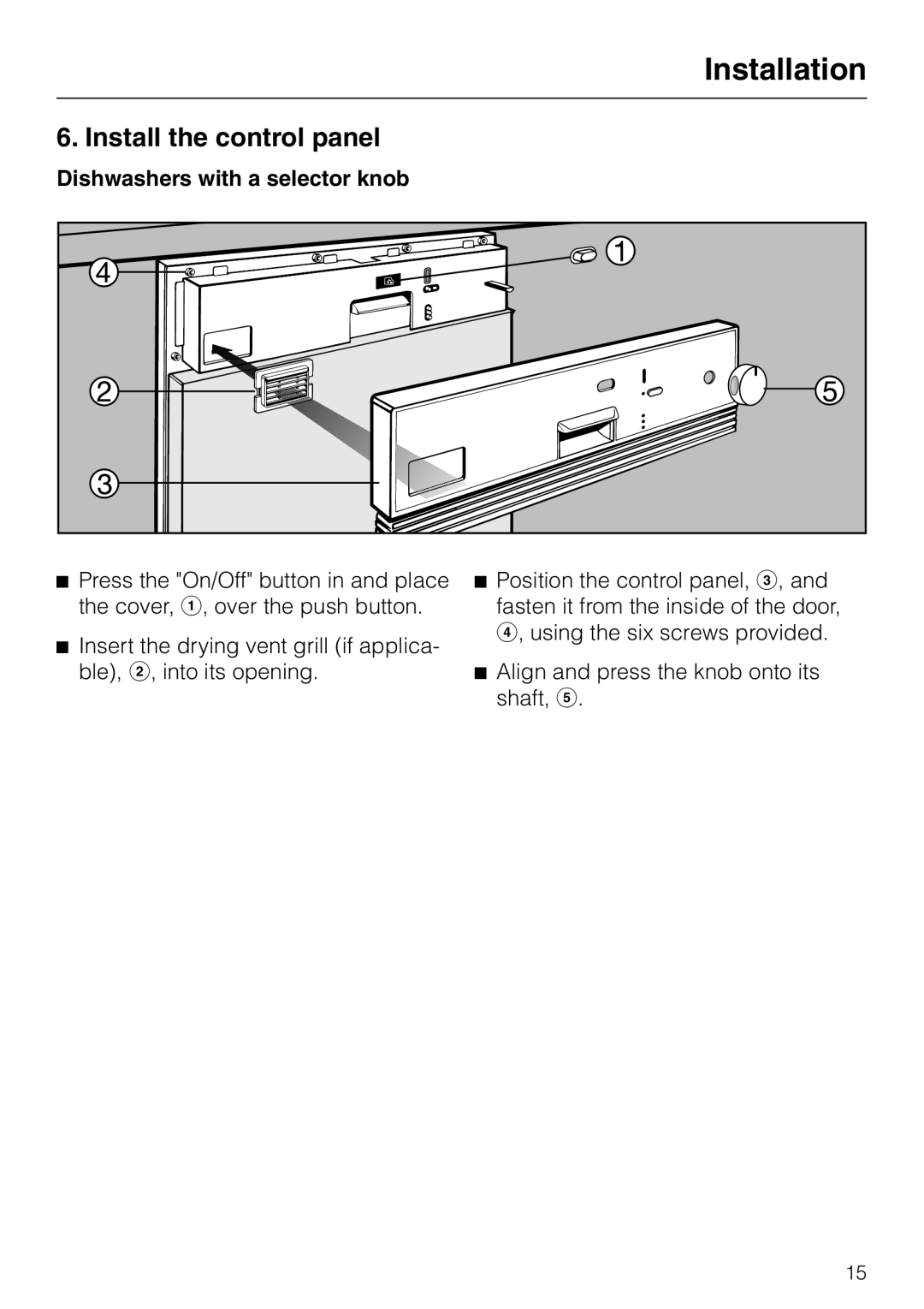 Miele HG02 installation instructions Install the control panel, Dishwashers with a selector knob 