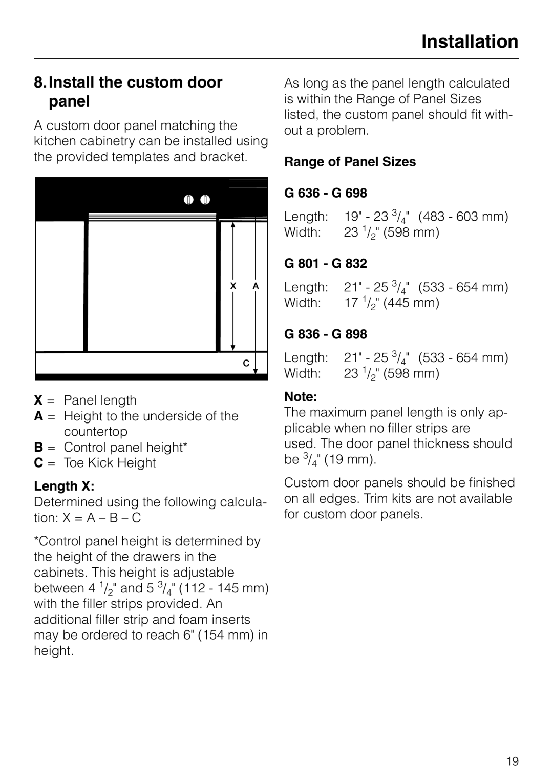 Miele HG02 installation instructions Install the custom door, Panel 