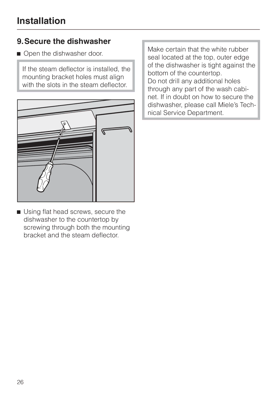 Miele HG02 installation instructions Secure the dishwasher 