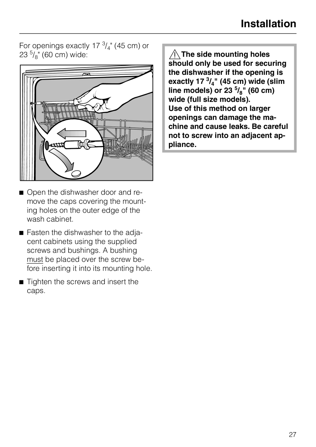 Miele HG02 installation instructions For openings exactly 17 3/4 45 cm or 