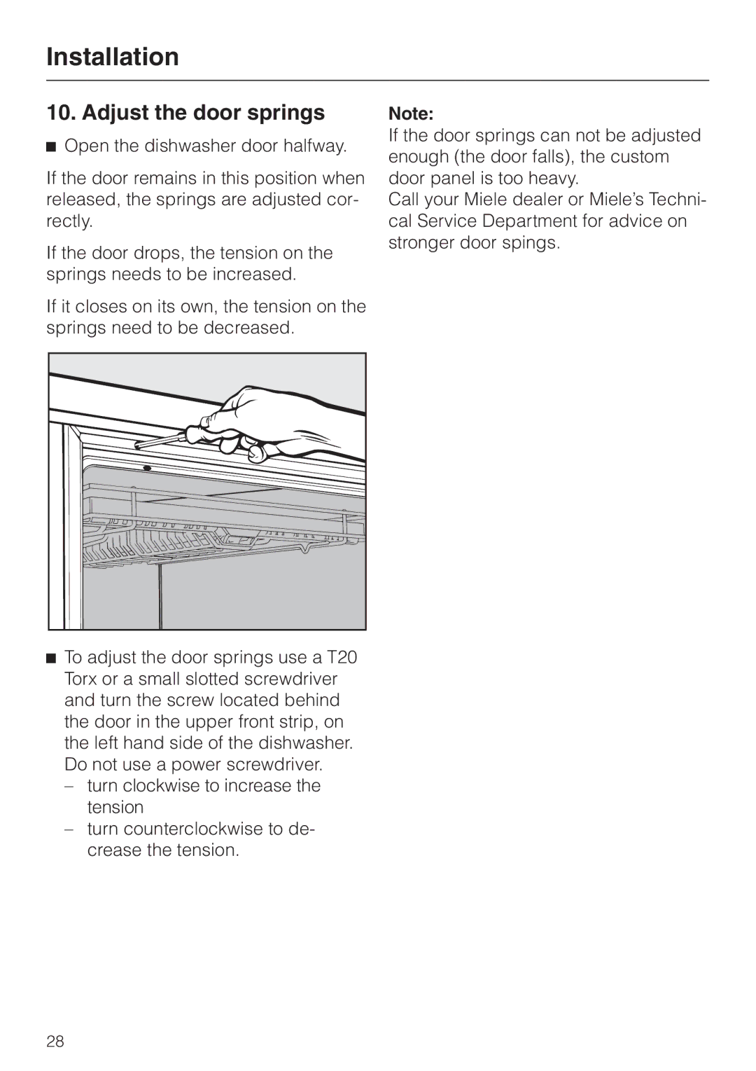 Miele HG02 installation instructions Adjust the door springs 