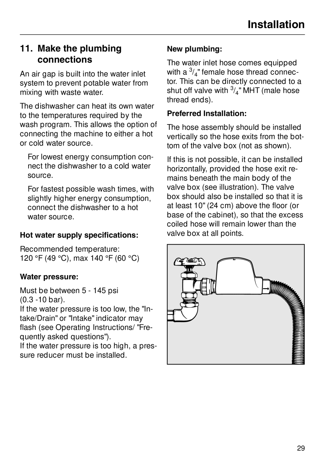 Miele HG02 Make the plumbing connections, Hot water supply specifications, Water pressure, New plumbing 