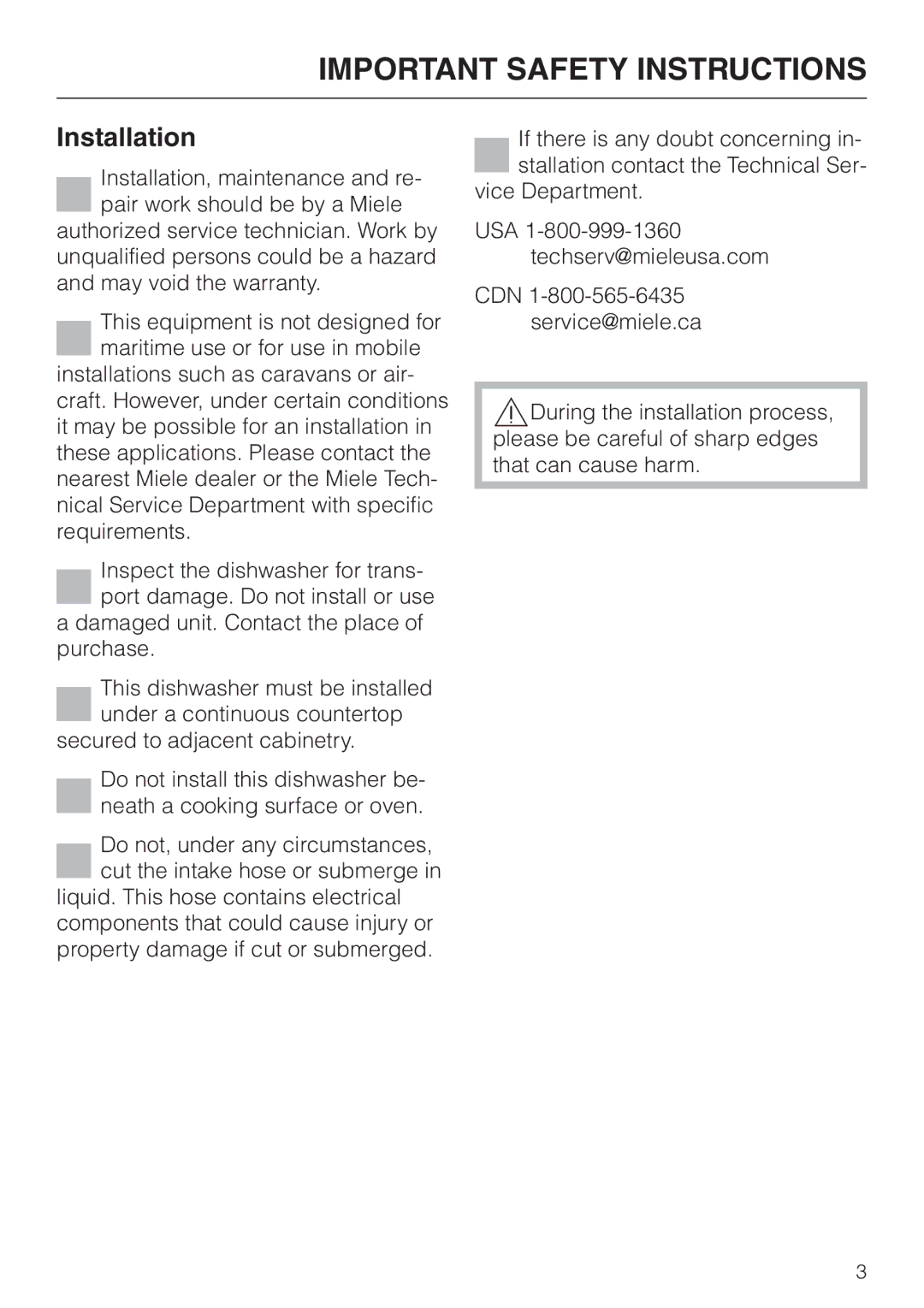 Miele HG02 installation instructions Important Safety Instructions, Installation 