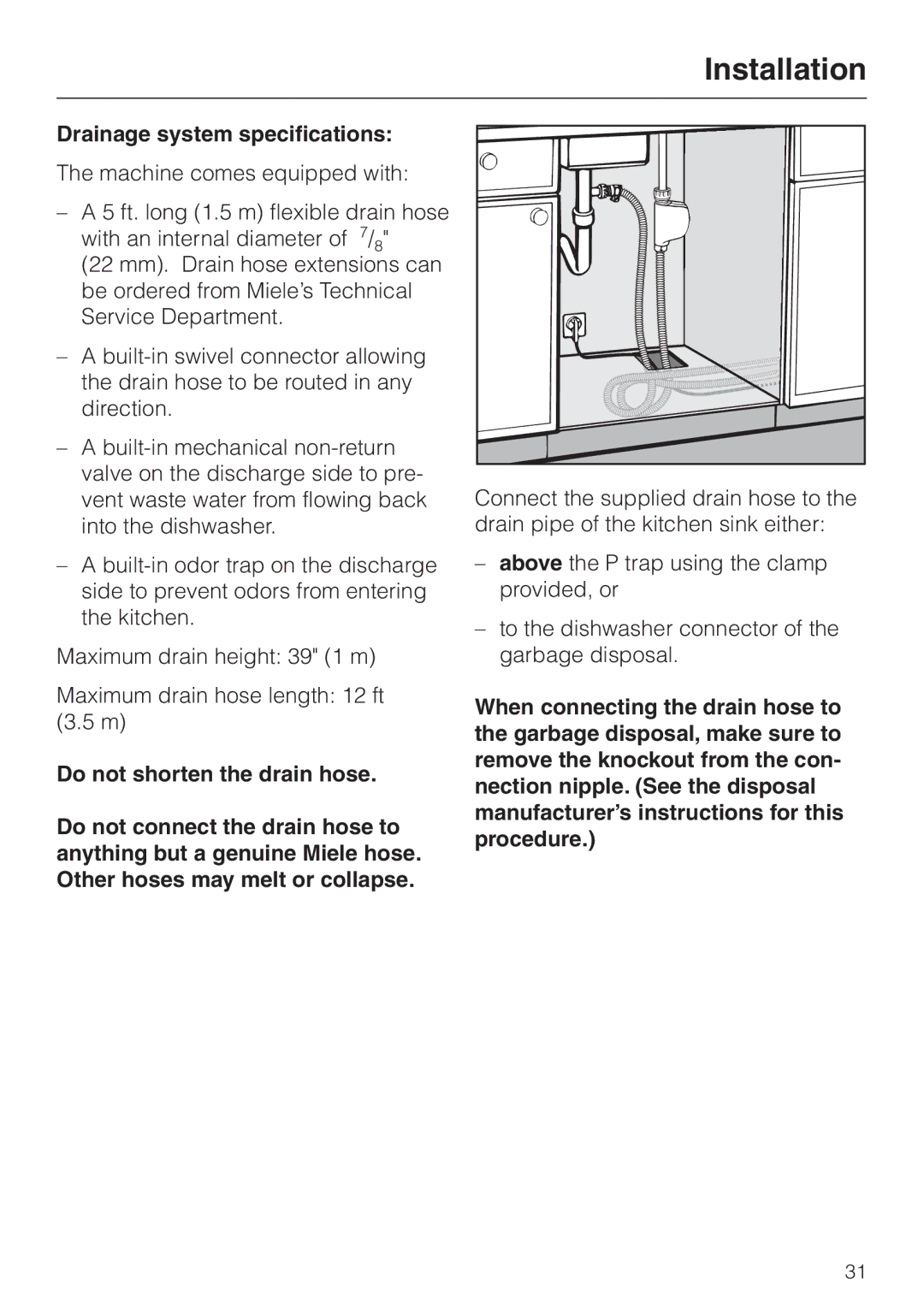 Miele HG02 installation instructions Drainage system specifications 