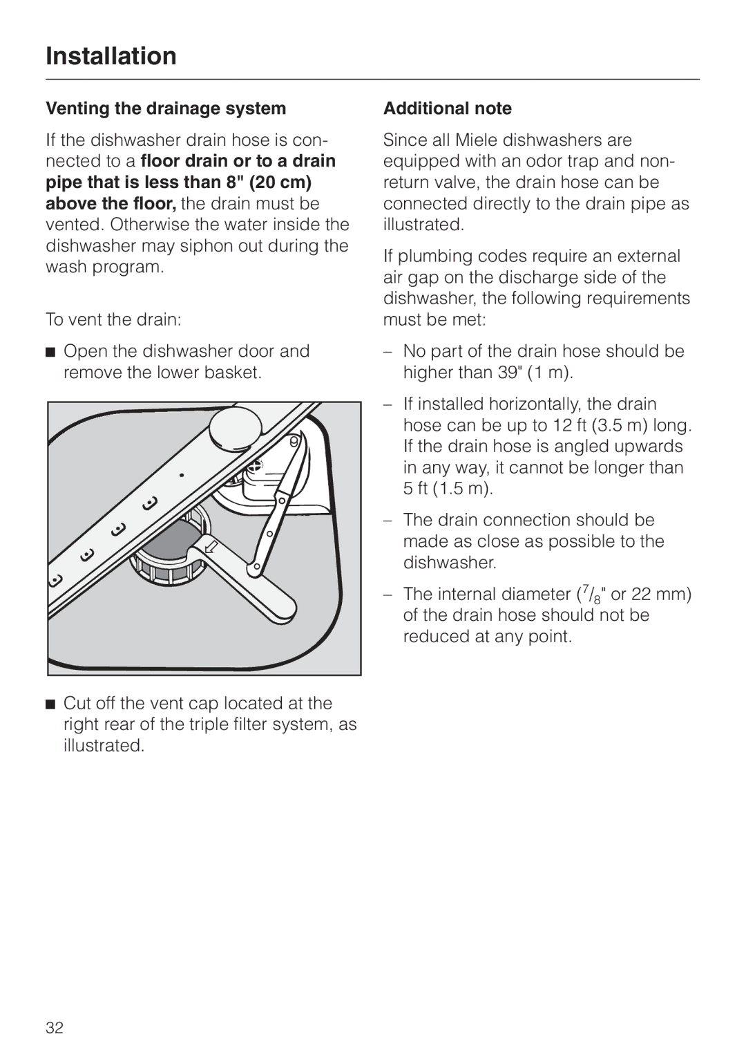 Miele HG02 installation instructions Venting the drainage system, Additional note 