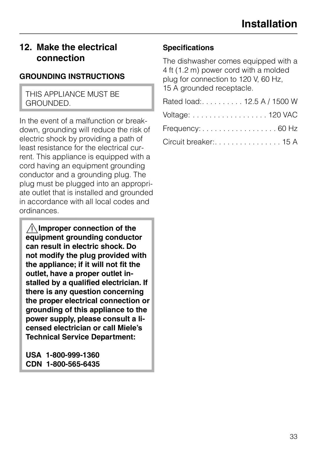 Miele HG02 installation instructions Make the electrical connection, Grounding Instructions 