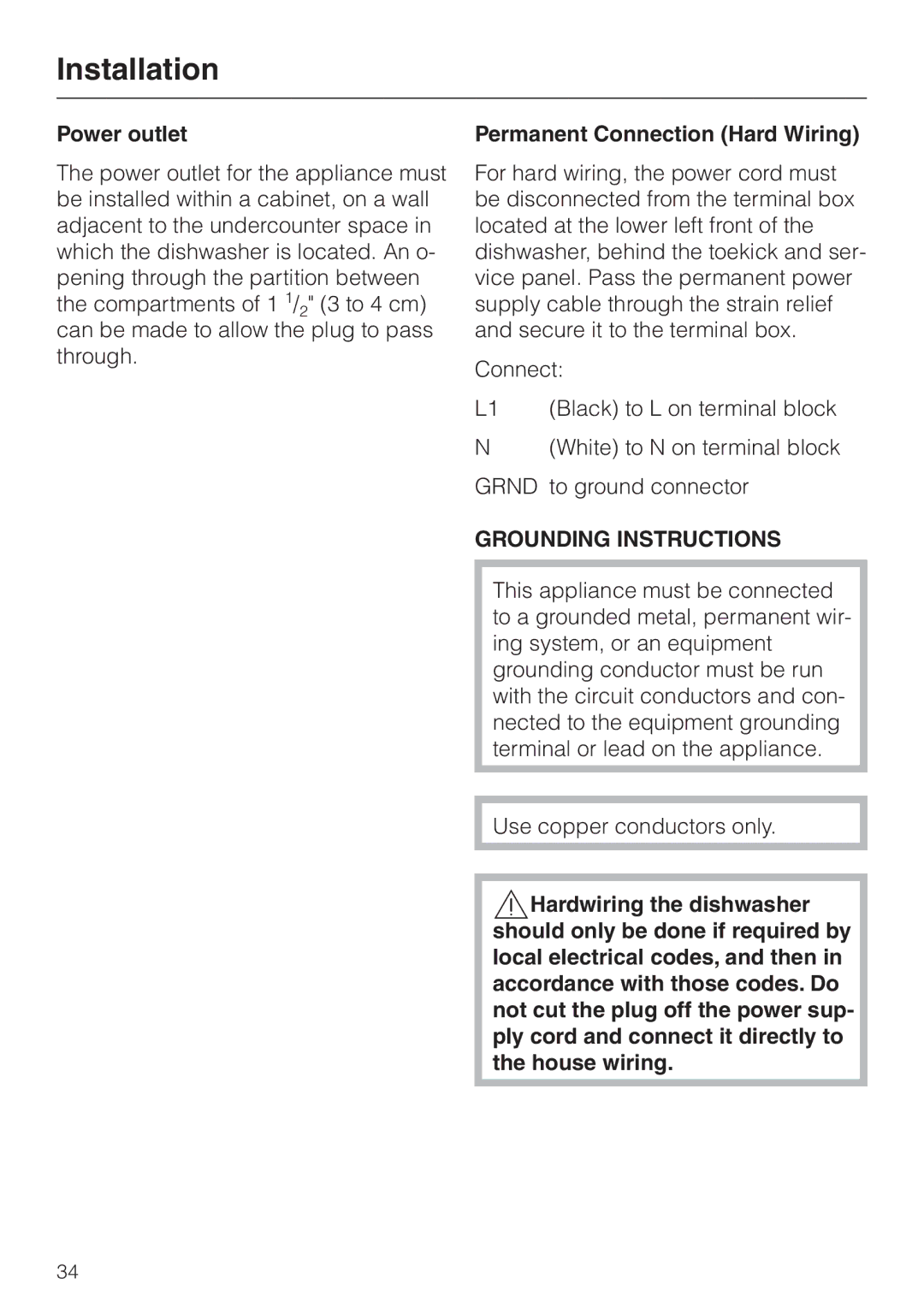 Miele HG02 installation instructions Power outlet, Permanent Connection Hard Wiring 