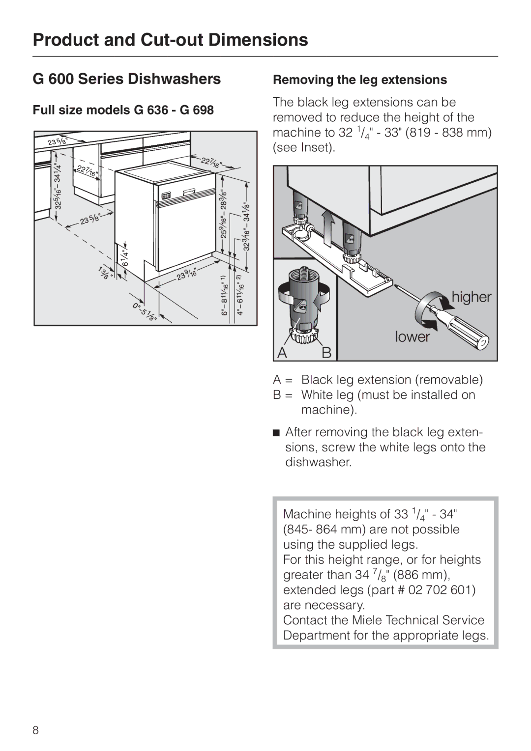 Miele HG02 installation instructions Series Dishwashers, Full size models G 636 G, Removing the leg extensions 