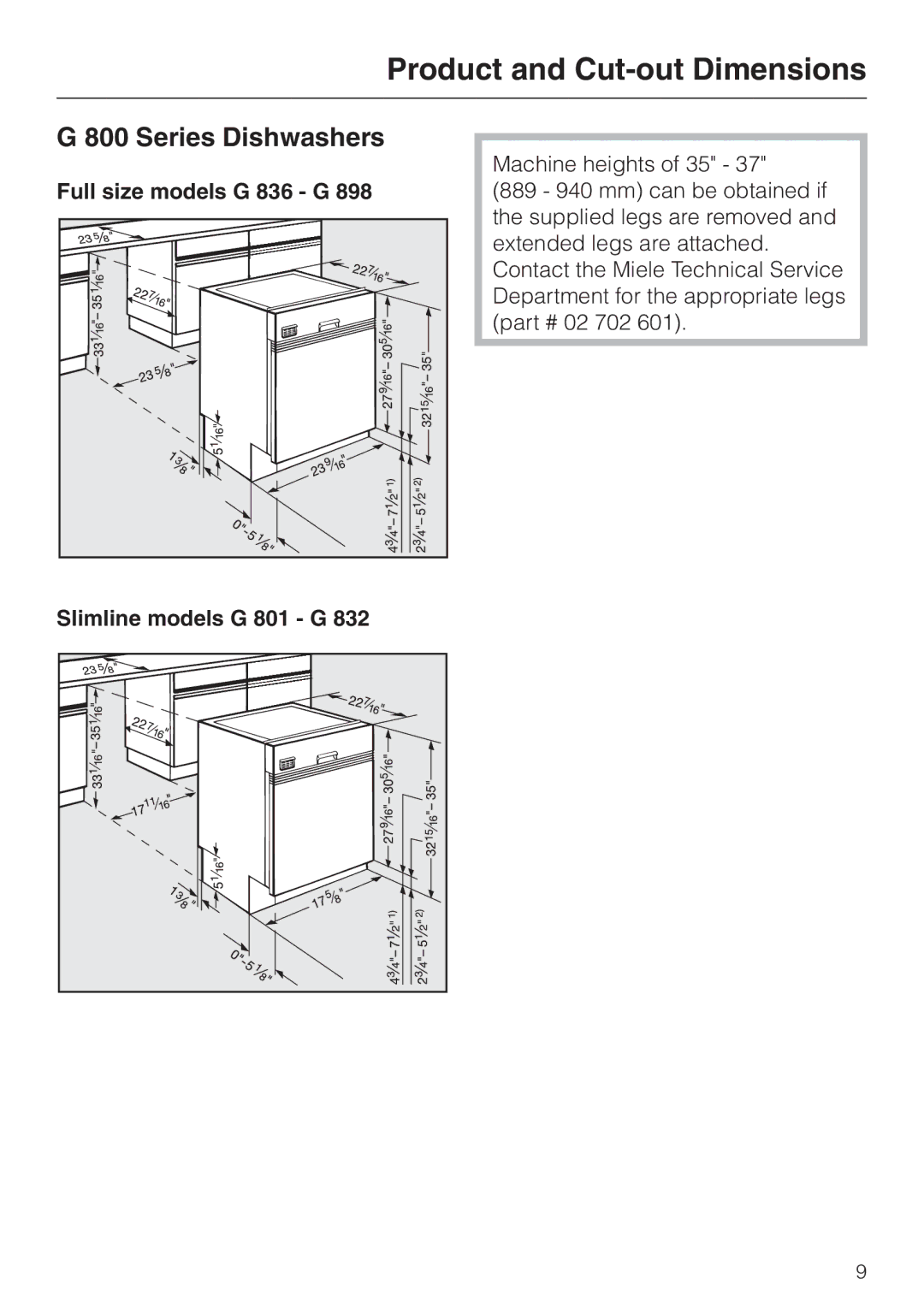 Miele HG02 installation instructions Full size models G 836 G, Slimline models G 801 G 