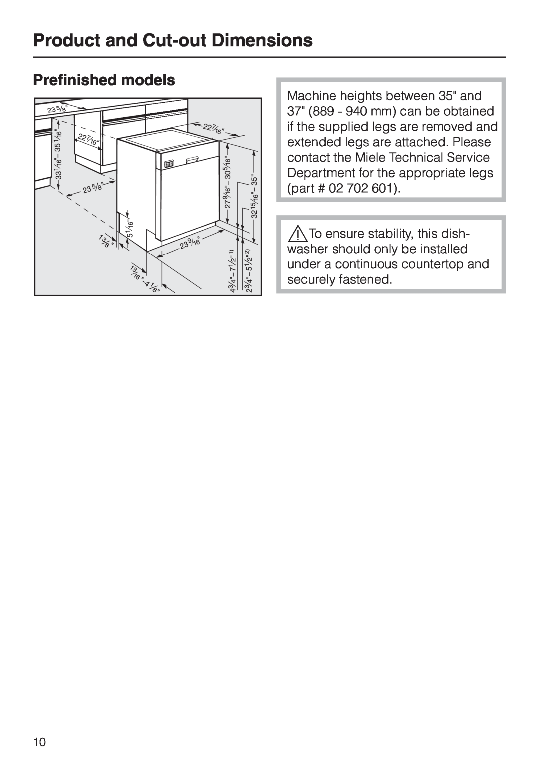 Miele HG02 installation instructions Prefinished models, Product and Cut-outDimensions 