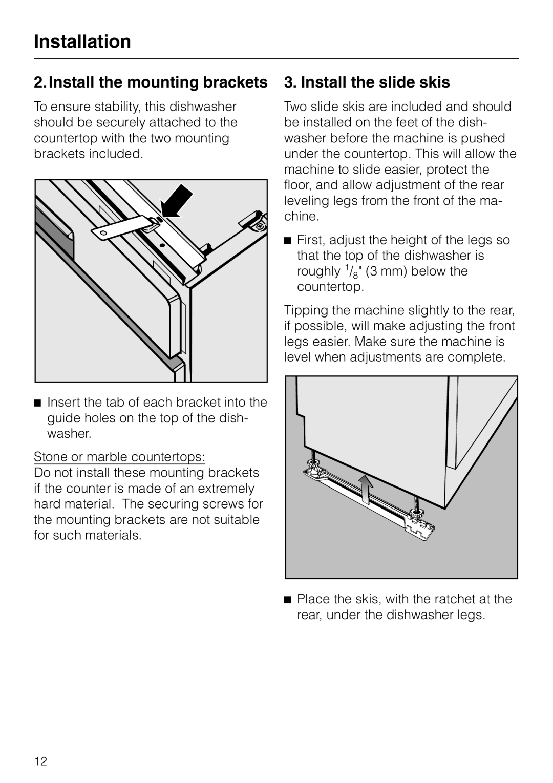 Miele HG02 installation instructions Installation, Install the mounting brackets, Install the slide skis 