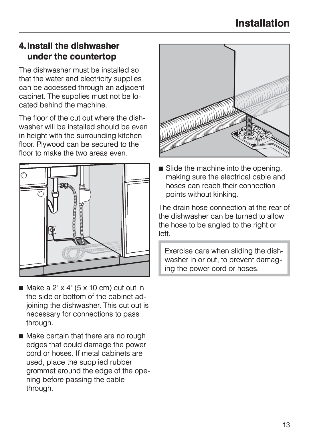 Miele HG02 installation instructions Install the dishwasher under the countertop, Installation 