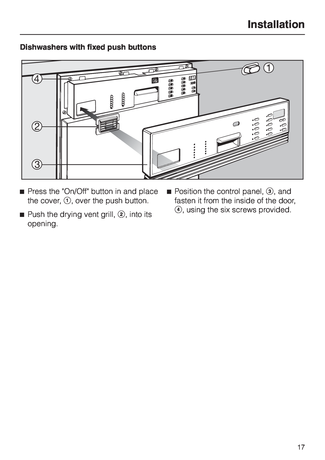 Miele HG02 installation instructions Dishwashers with fixed push buttons, Installation 