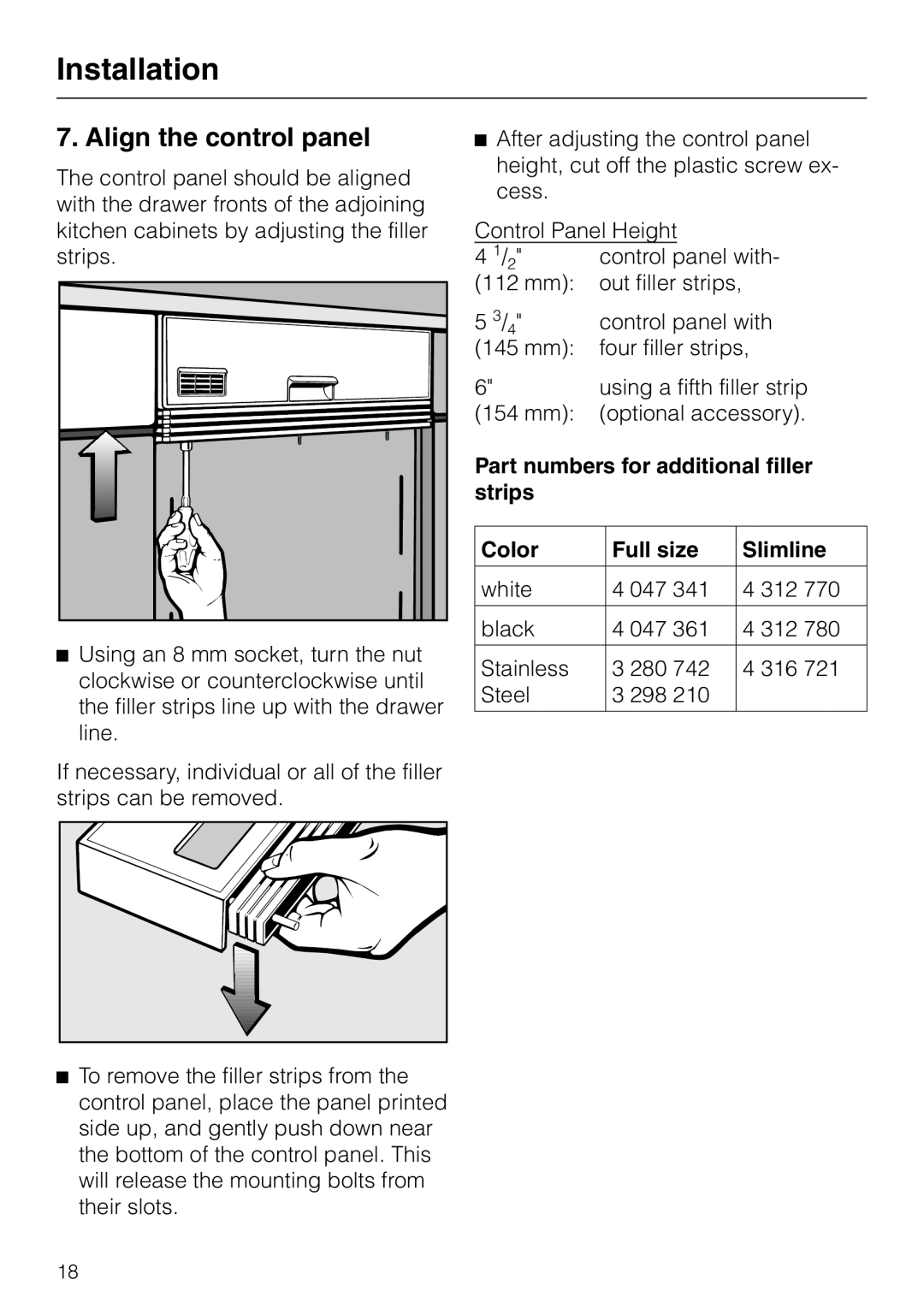 Miele HG02 Align the control panel, Part numbers for additional filler strips, Color, Full size, Slimline, Installation 