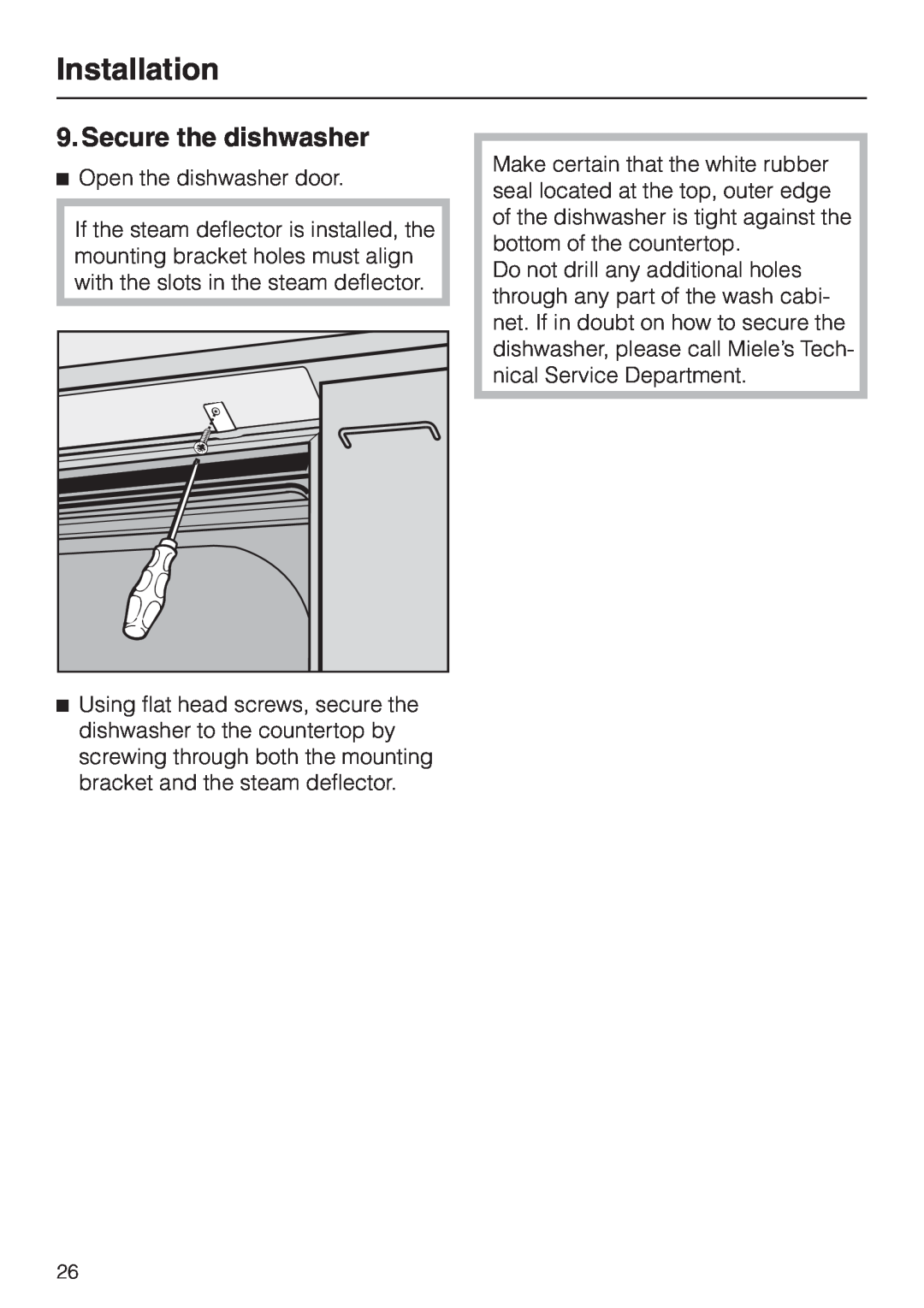 Miele HG02 installation instructions Secure the dishwasher, Installation 