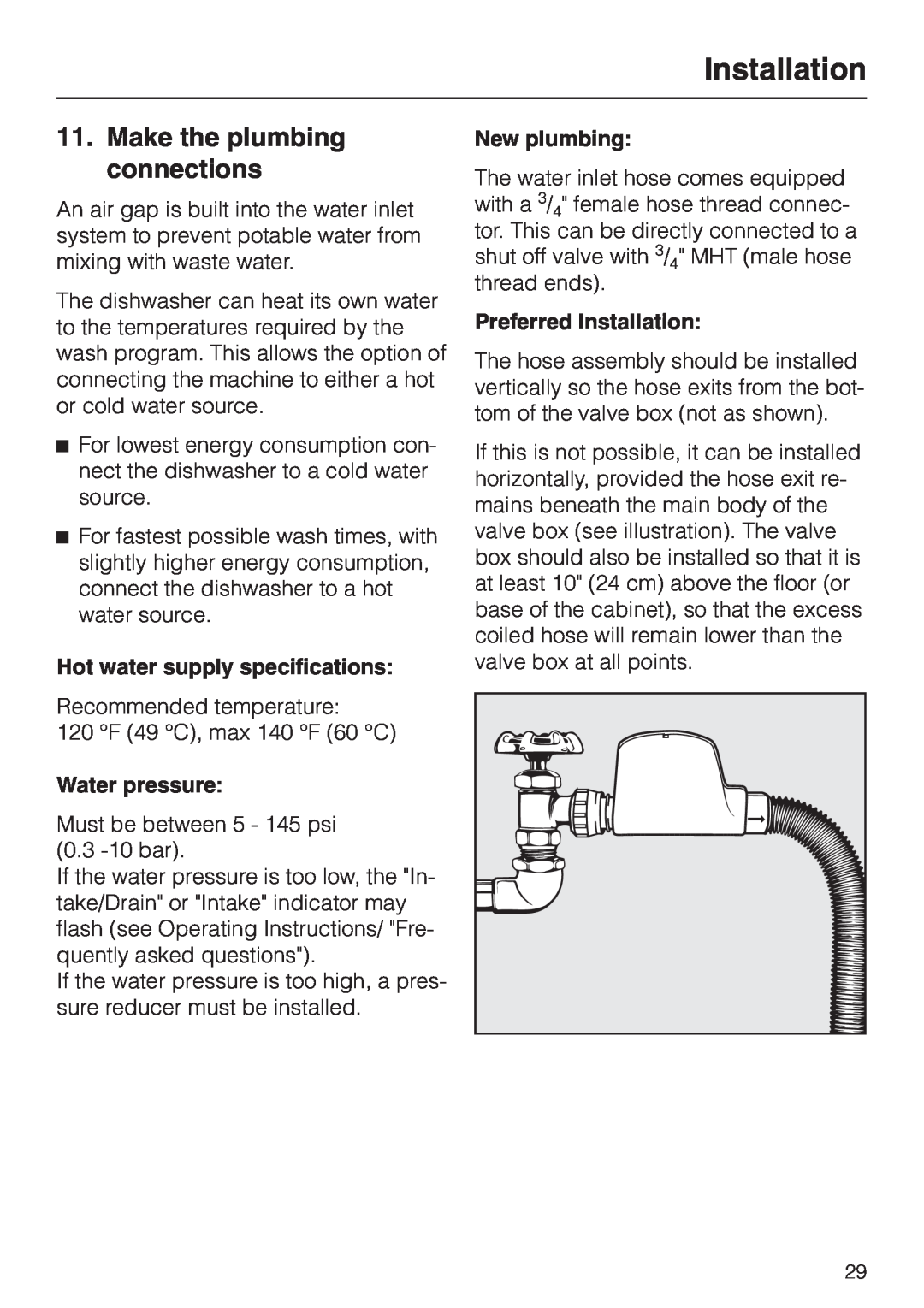 Miele HG02 Make the plumbing connections, Hot water supply specifications, Water pressure, New plumbing, Installation 