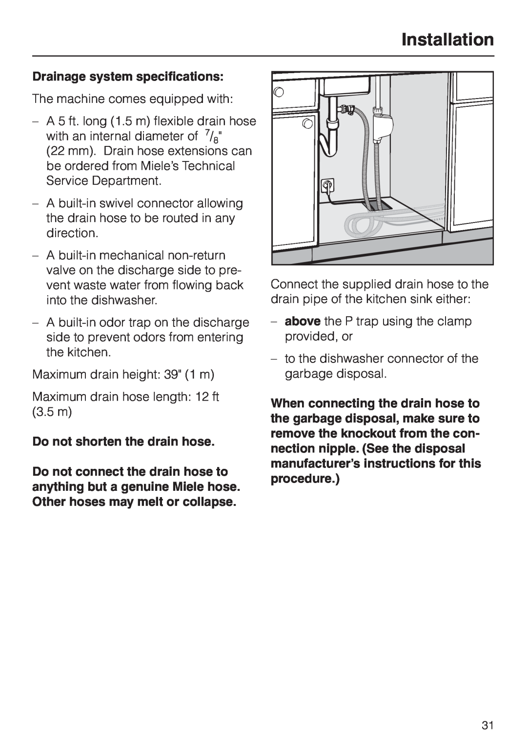 Miele HG02 Drainage system specifications, Maximum drain hose length 12 ft, When connecting the drain hose to, 3.5 m 