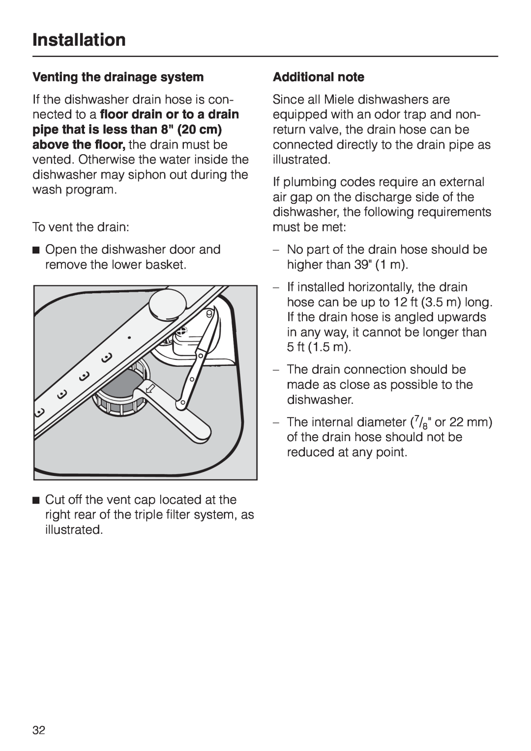 Miele HG02 installation instructions Venting the drainage system, Additional note, Installation 