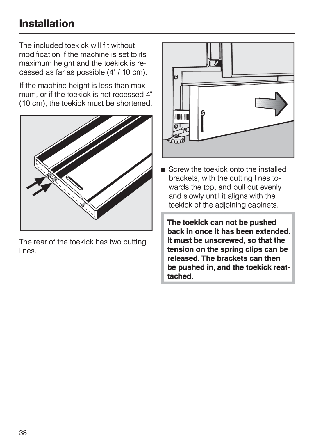 Miele HG02 installation instructions Installation, The rear of the toekick has two cutting lines 