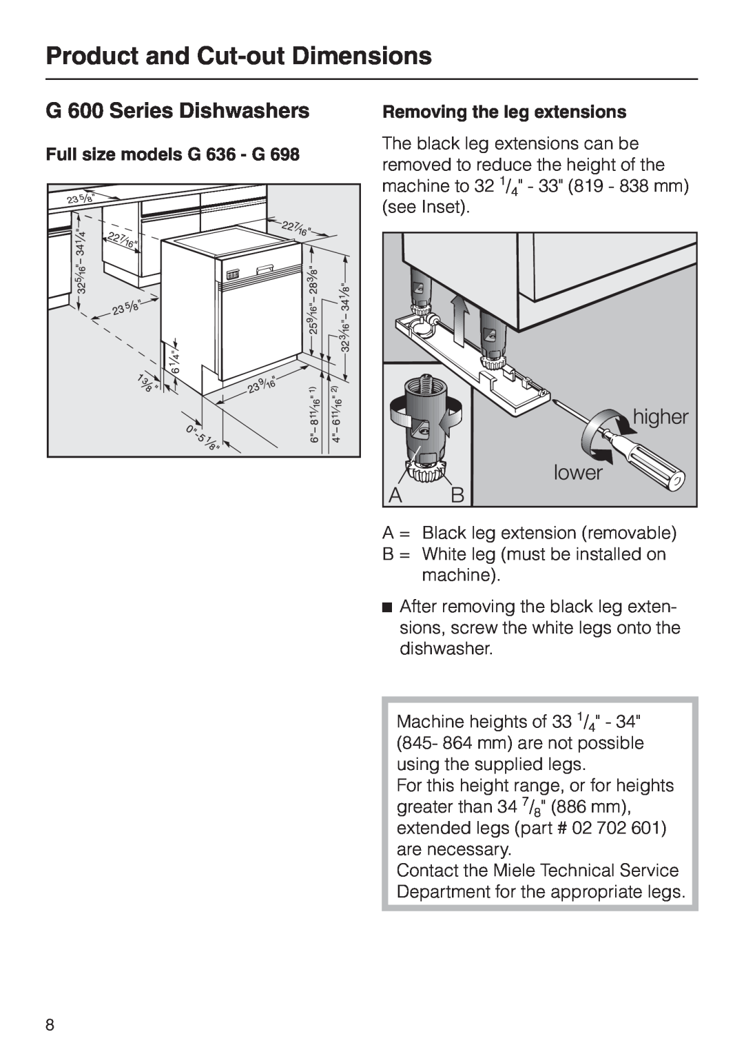 Miele HG02 installation instructions Product and Cut-outDimensions, G 600 Series Dishwashers, Full size models G 636 - G 