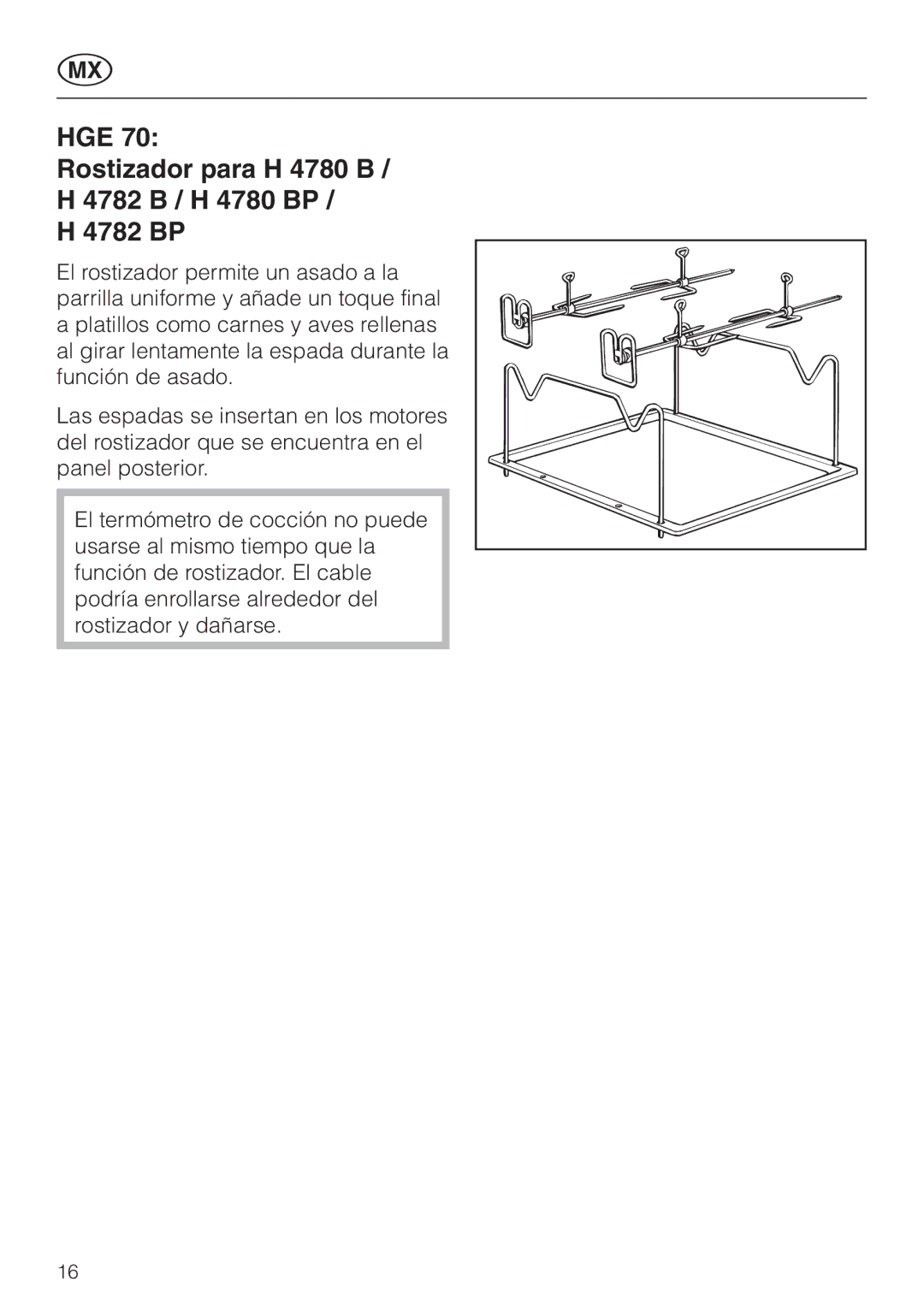 Miele HGE 60 manual HGE Rostizador para H 4780 B / H 4782 B / H 4780 BP 4782 BP 