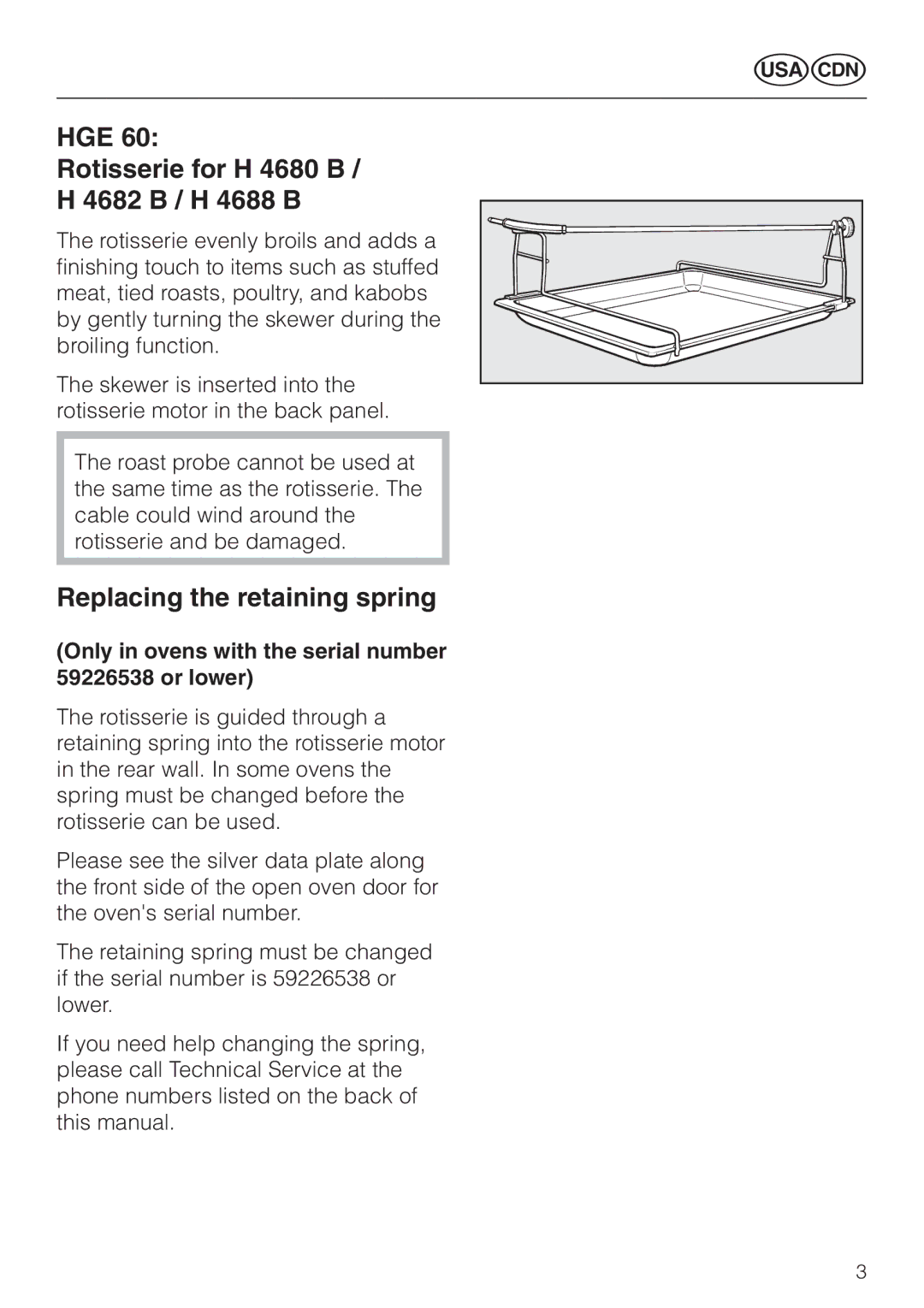 Miele HGE 60 manual HGE Rotisserie for H 4680 B 4682 B / H 4688 B, Replacing the retaining spring 