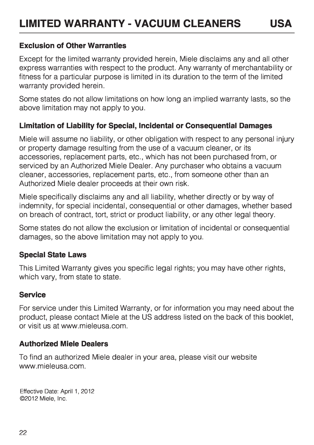 Miele HS08, M-NR09753 090 Exclusion of Other Warranties, Special State Laws, Service, Authorized Miele Dealers 