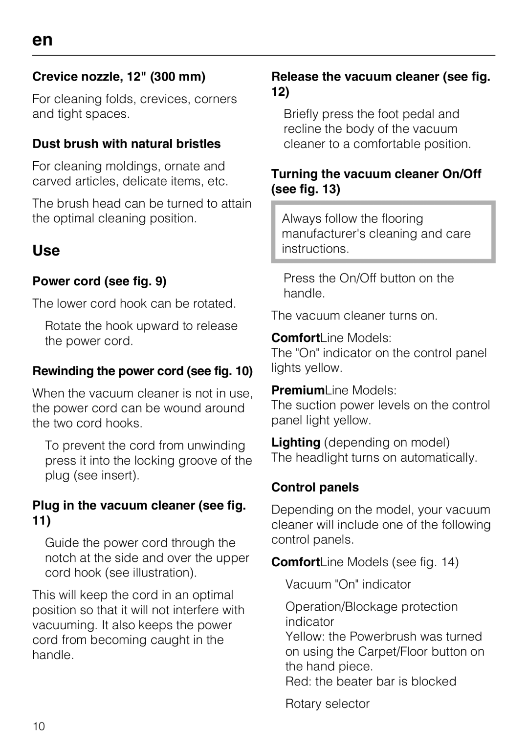 Miele HS08 manual Crevice nozzle, 12 300 mm, Dust brush with natural bristles, Power cord see fig, Control panels 