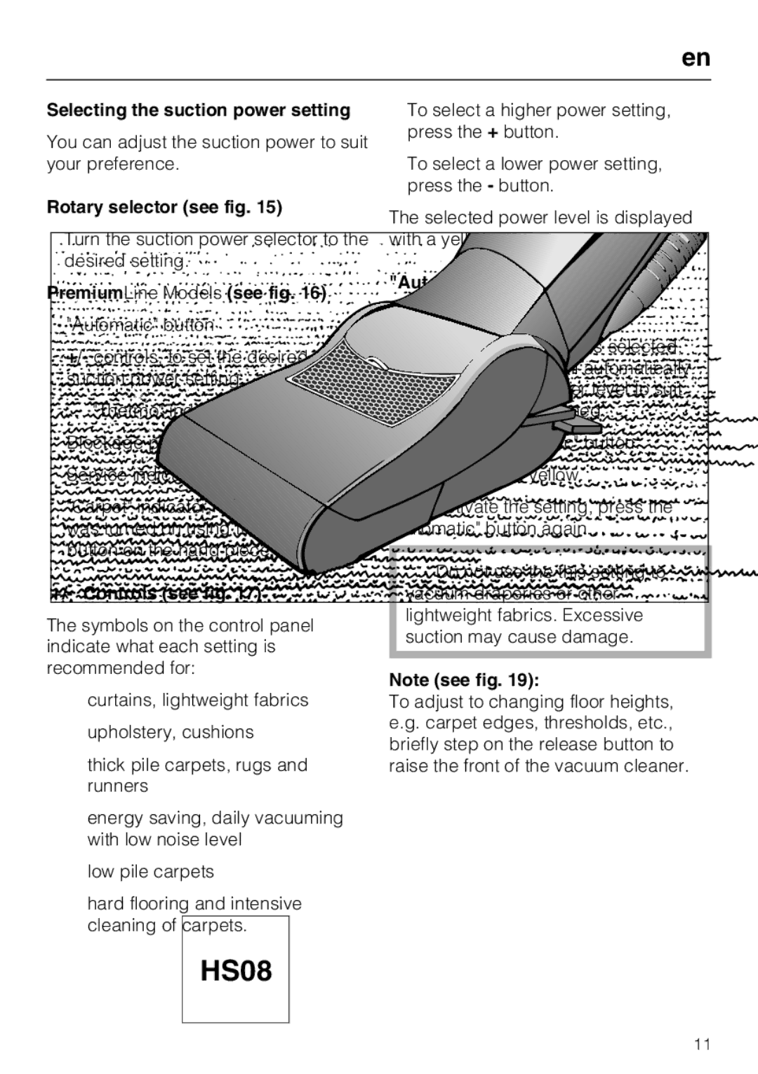 Miele HS08 Selecting the suction power setting, Rotary selector see fig, PremiumLine Models see fig, +/- Controls see fig 