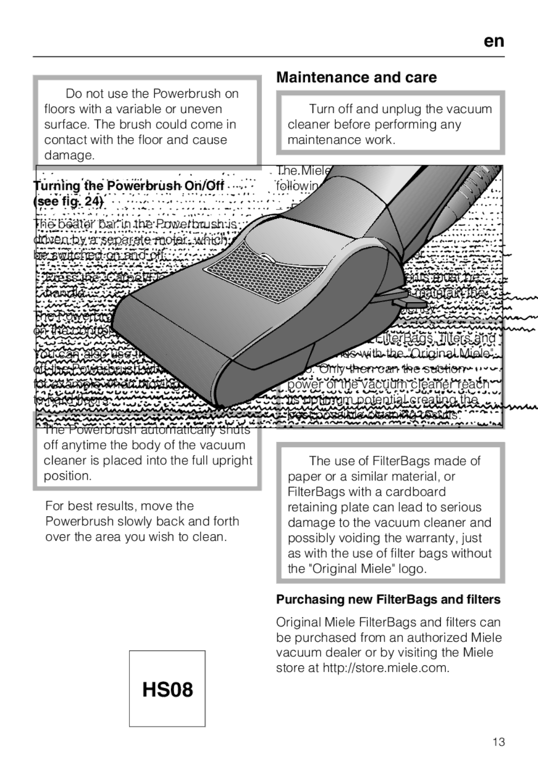 Miele HS08 manual Maintenance and care, Turning the Powerbrush On/Off see fig 