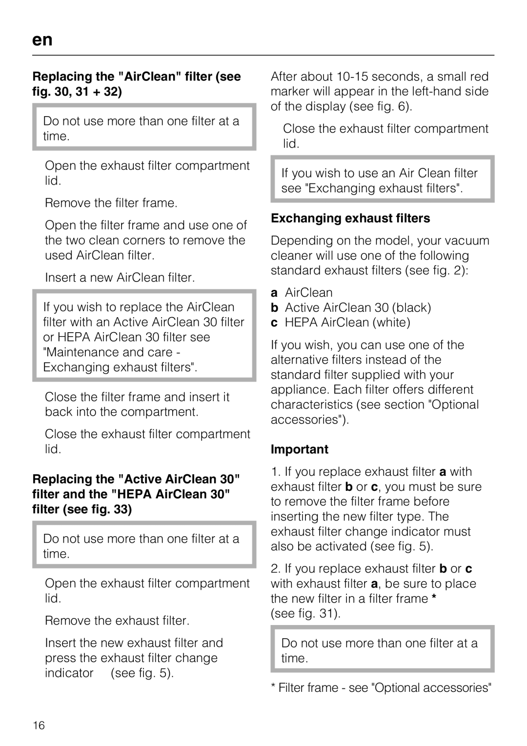 Miele HS08 manual Replacing the AirClean filter see , 31 +, Exchanging exhaust filters 