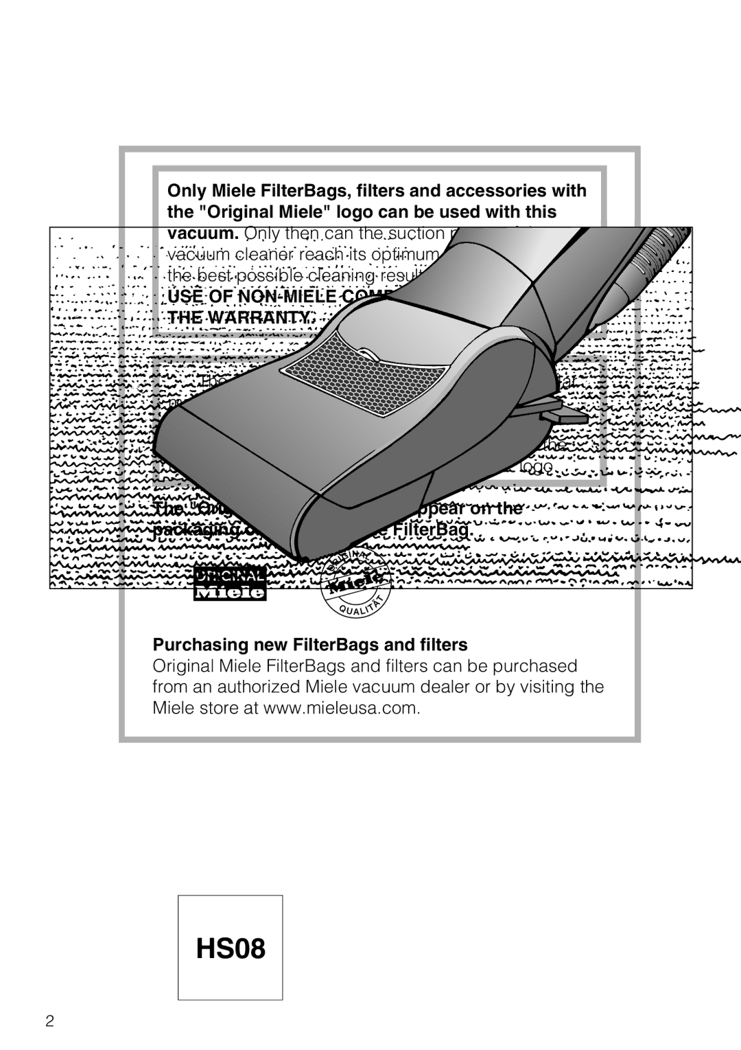 Miele HS08 manual USE of NON-MIELE Components MAY Void the Warranty 