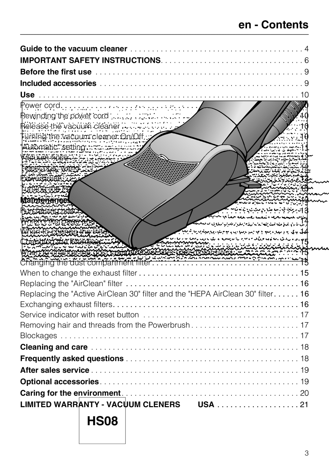 Miele HS08 manual En Contents 