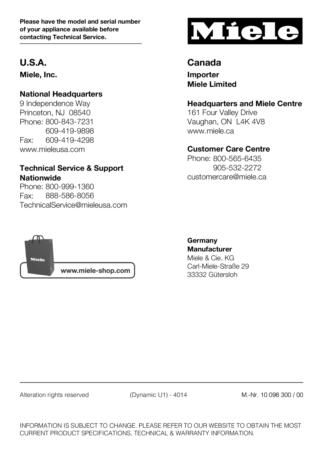 Miele HS08 manual U.S.A, Canada, Miele, Inc, Importer, Miele Limited, National Headquarters, Headquarters and Miele Centre 