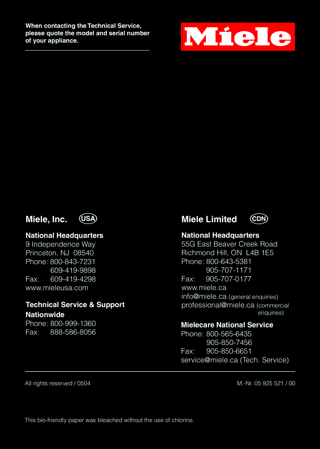 Miele HS09 operating instructions Miele, Inc. U Miele Limited 